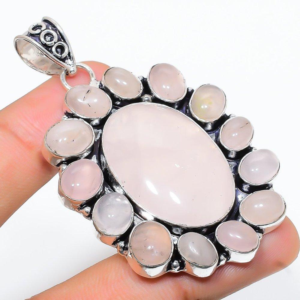Rose Quartz Gemstone Handmade 925 Sterling Silver Jewelry Pendant 2.56" F3g90