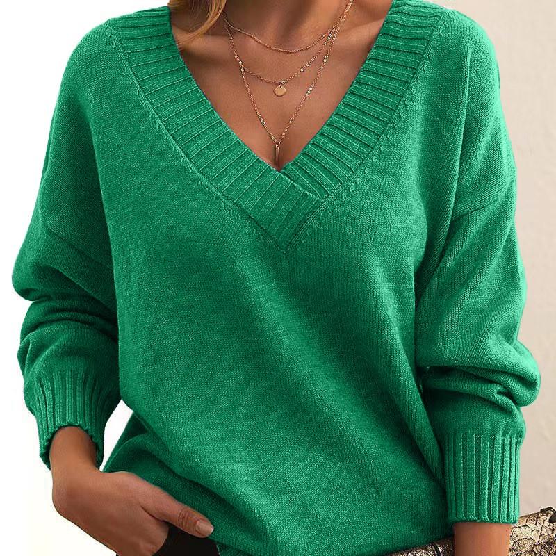 Womens Loose V-Neck Knit Sweater Pullover Casual Long Sleeve Acrylic Top