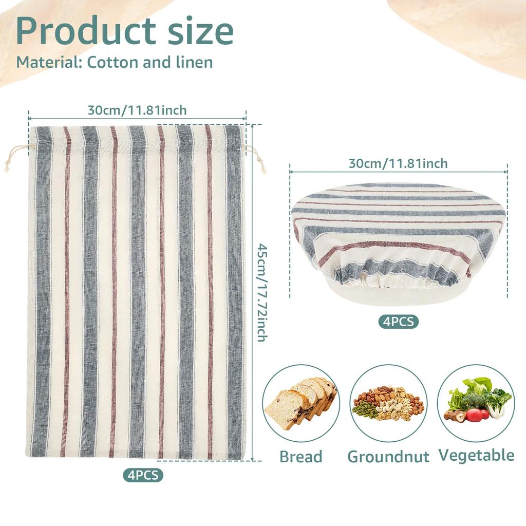4Pcs Drawstring Linen Bread Storage Bag Reusable Washable Storage Food Container Sourdough Home Unbleached Kitchen Organizer