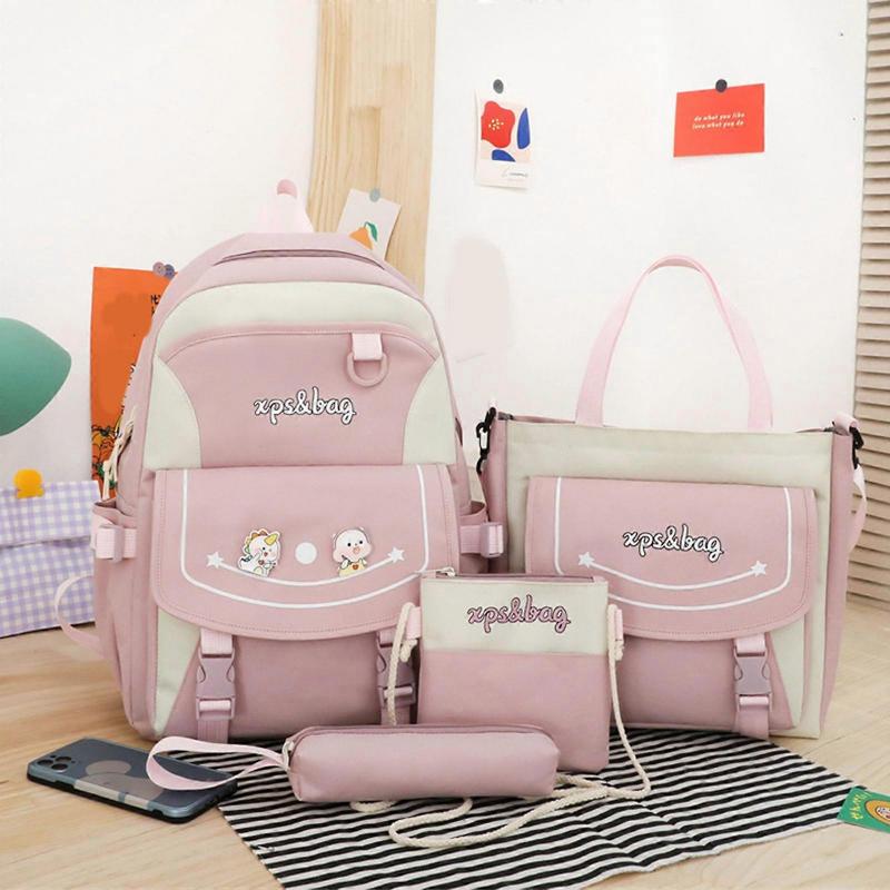 4pcs Cartoon Nylon School Backpack Shoulder Bags Travel Daypacks Bookbag Pencil for Case  Purple