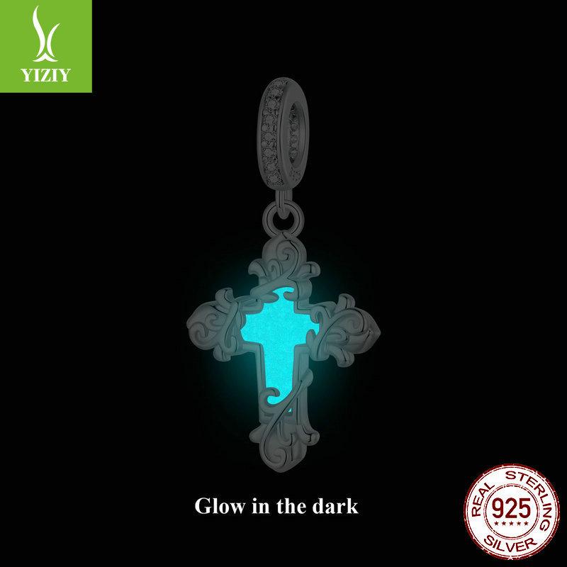 Luminous Cross Diy Pendant Accessories, Faith Retro Pattern S925 Sterling Silver Beads