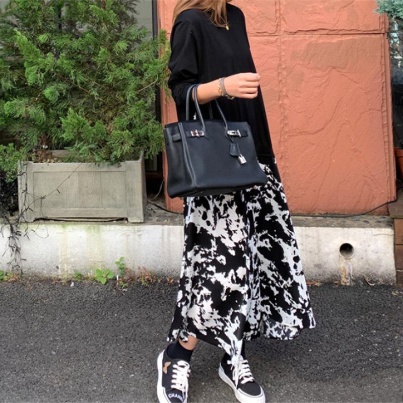 Tooxika Women's Large Size Long Sleeve T-shirt Splicing Printed Large Swing Dress Round Neck Fake Two-piece Long Dress