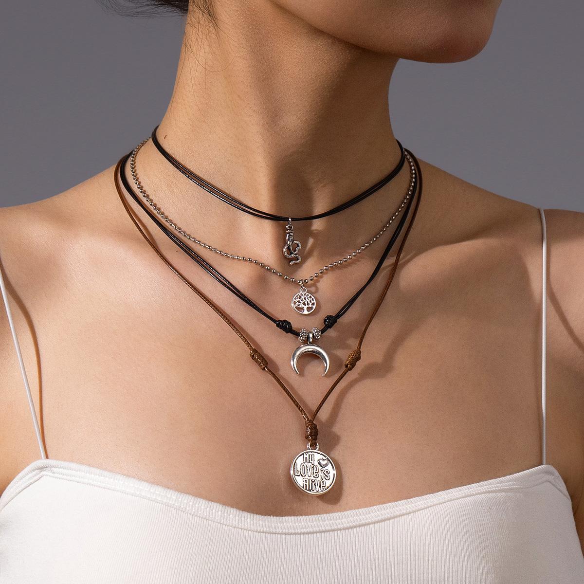 

Vintage leather rope woven life tree crescent alloy pendant with multiple layers for women s necklace