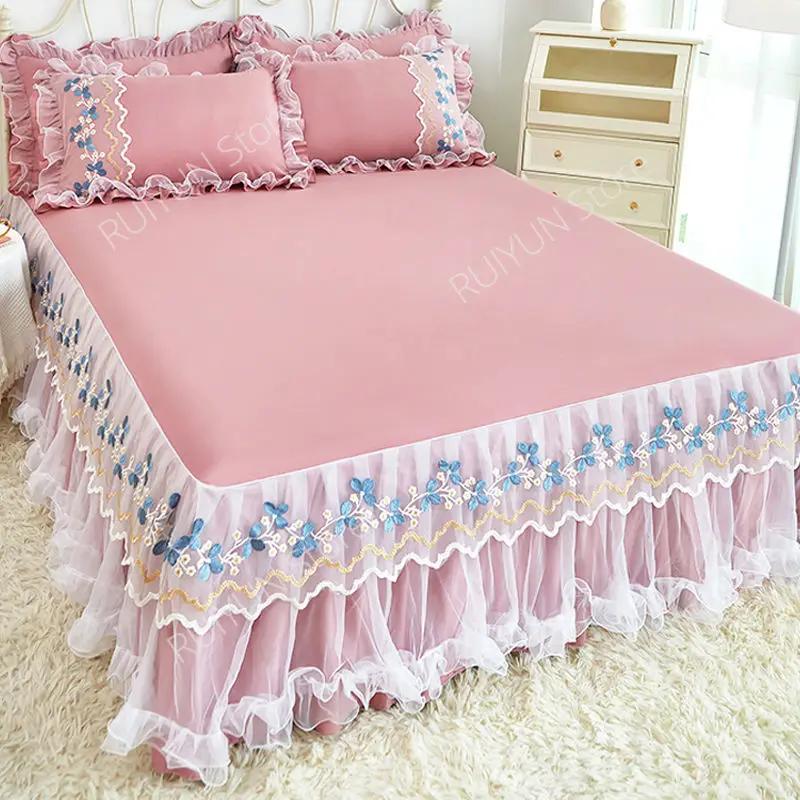 Bettrock mit Blumenstickerei aus Spitze, Prinzessinnen-Bettrock mit Rüschen, rutschfester Matratzenbezug, Schutz für Bettlaken, Bettdecke für Zuhause
