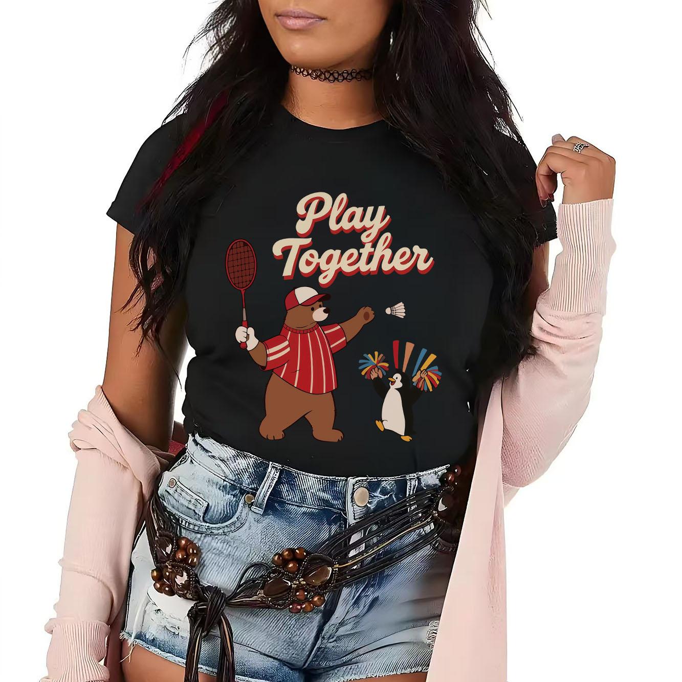 Cute little bear penguin badminton cartoon print pattern daily Tshirt short sleeved round neck versatile Womens Tshirt S