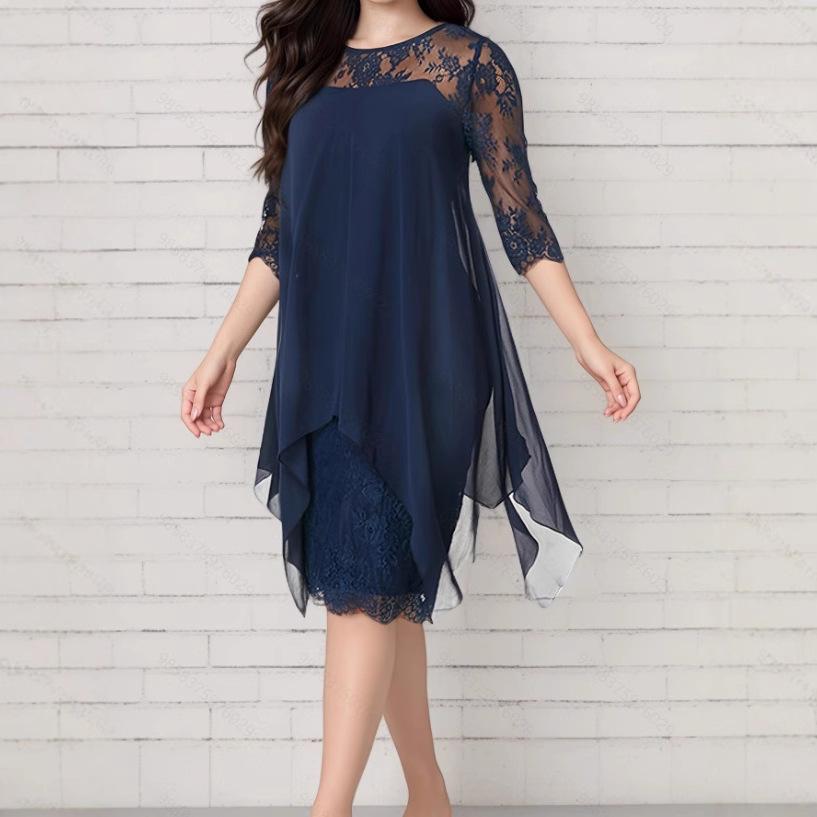 Spring/Summer 2026 Elegant Lace Patchwork Chiffon Dress with Three-Quarter Sleeves
