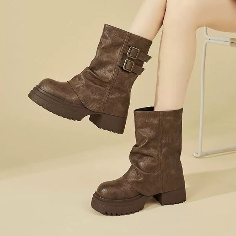 Fashion Ankle Women Boots Platform Chunky Fashion Shoes Elegant 2025 Winter New Pleated Chelsea Leather Shoes Woman Party Pumps Botas