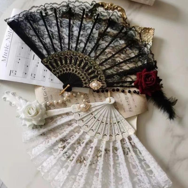 Female Lace Hand Fan Lolita Gothic Fan Victorian Vintage Black White Red Rose Bamboo Fans Cosplay Halloween Party Photo Prop