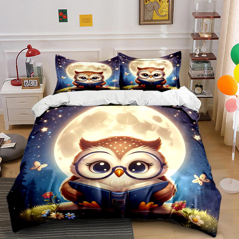 Owl Reading Under Full Moon Bedding Set For Kids Luxury Gift 3Pcs Digital Print Comforter Set Soft Comfortable Breathable
