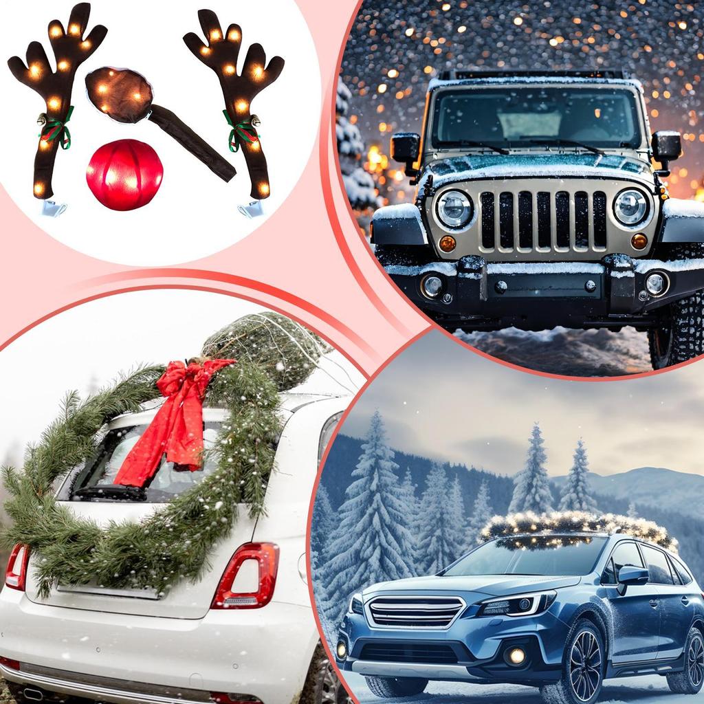 Christmas Reindeer Antlers Car Kit Holiday Decoration With LED Lights Reindeer Car Kit For Holiday Van Party Seasonal