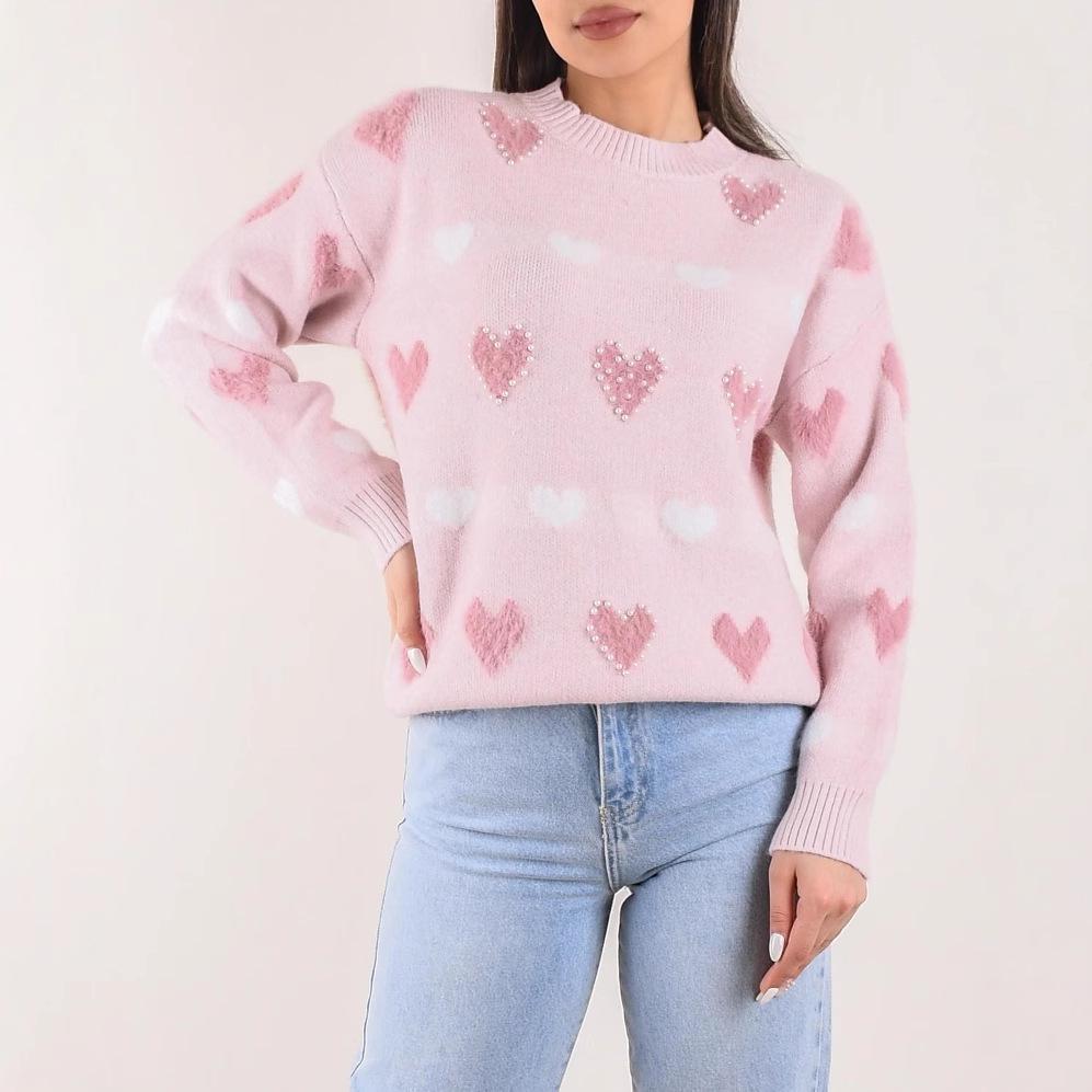 

Женский вязаный свитер с принтом сердец и бисером на осень/зиму 2024 - Европейский и американский корейский стиль S розовый