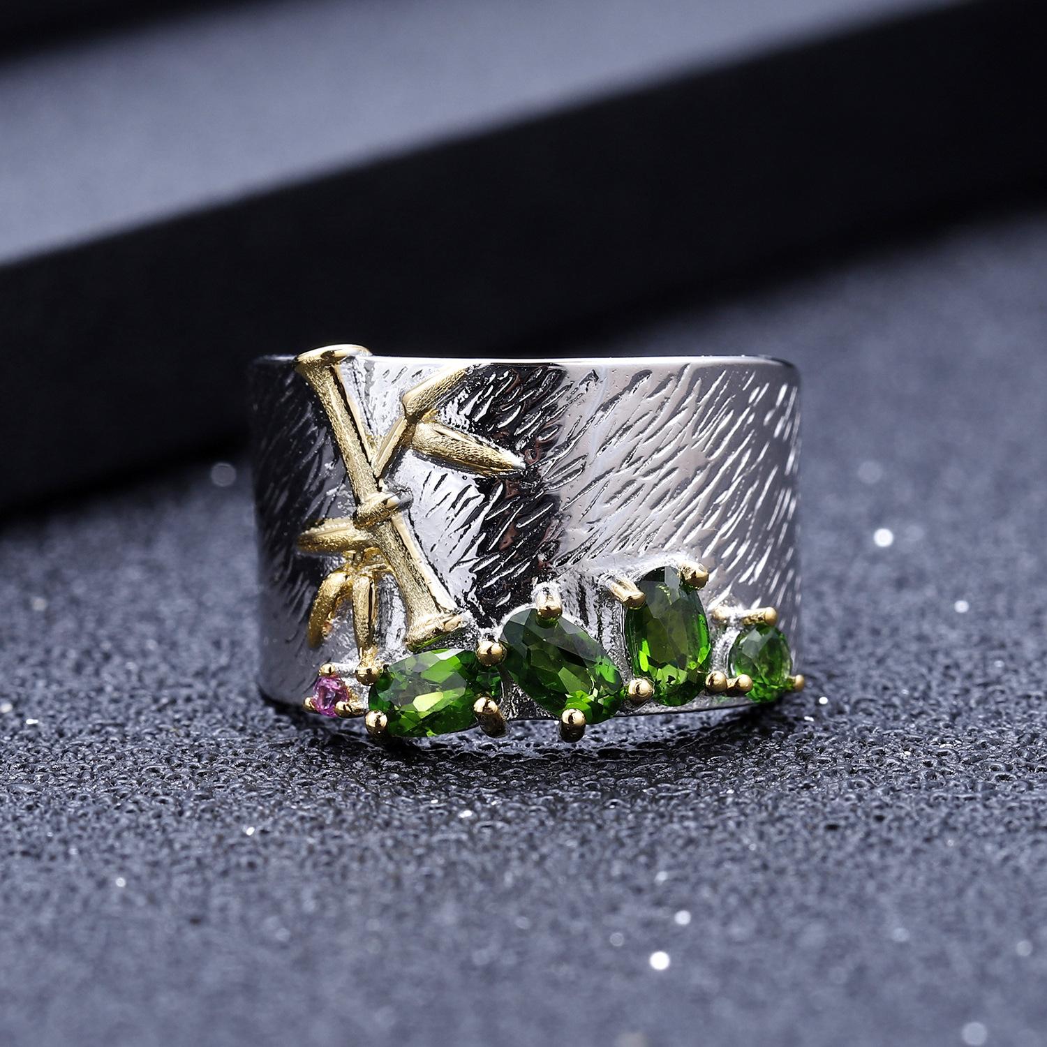 

Оригінальний дизайн нової каблучки з дорогоцінним камінням у китайському стилі S925 кільце з натурального діопсиду та топазу з аметистом зі срібла 10