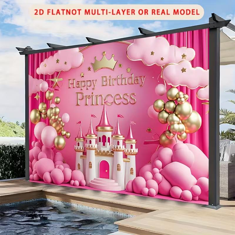 Sfondo Principessa Castello 2D Rosa e Oro per Festa di Compleanno Bambine Piccole