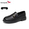 Red Dragonfly Women's Thick-Soled Leather Loafers - British Style Casual Shoes for Spring and Autumn.