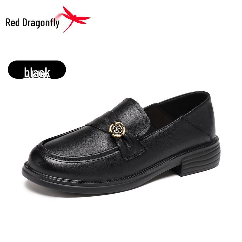 Red Dragonfly Women's Thick-Soled Leather Loafers - British Style Casual Shoes for Spring and Autumn.