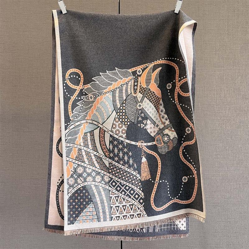 Autumn and Winter New Imitation Cashmere Scarf Thickened and Lengthened Horse Printing Scarf Antique Versatile Shawl with Dual-purpose Outside
