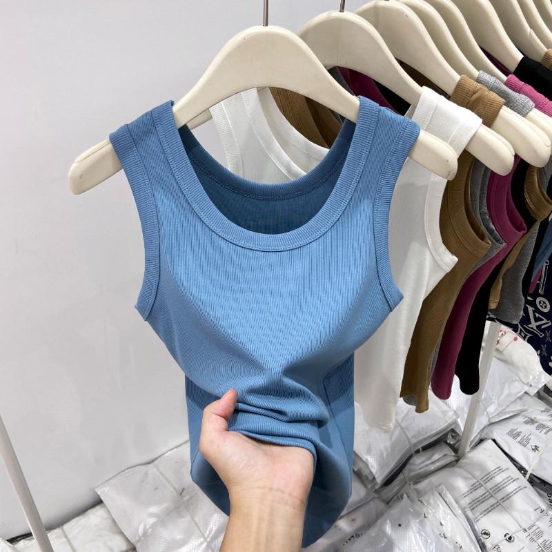 White Cover Double Breasts I-shaped Vest Women's Outer Wear Elastic Thread Inner Top Spring and Summer Basic Sleeveless Suspenders
