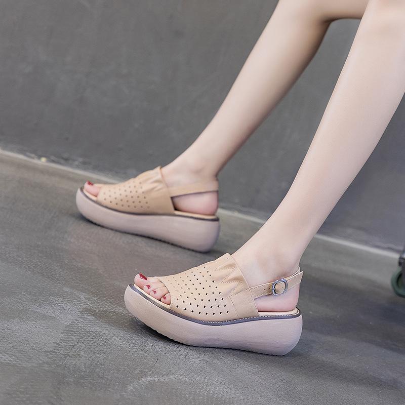 Fashion GKTINOO Summer Wedges Platform Sandals Fashion Genuine Leather Shoes Ladies Casual Peep Toe Soft Comfortable Sandalias De Mujer
