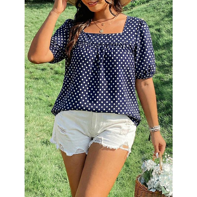 Summer New Large-sized Polka Dot Square-neck Top with Puff Sleeves, Loose and Slimming Baby Doll Style Shirt