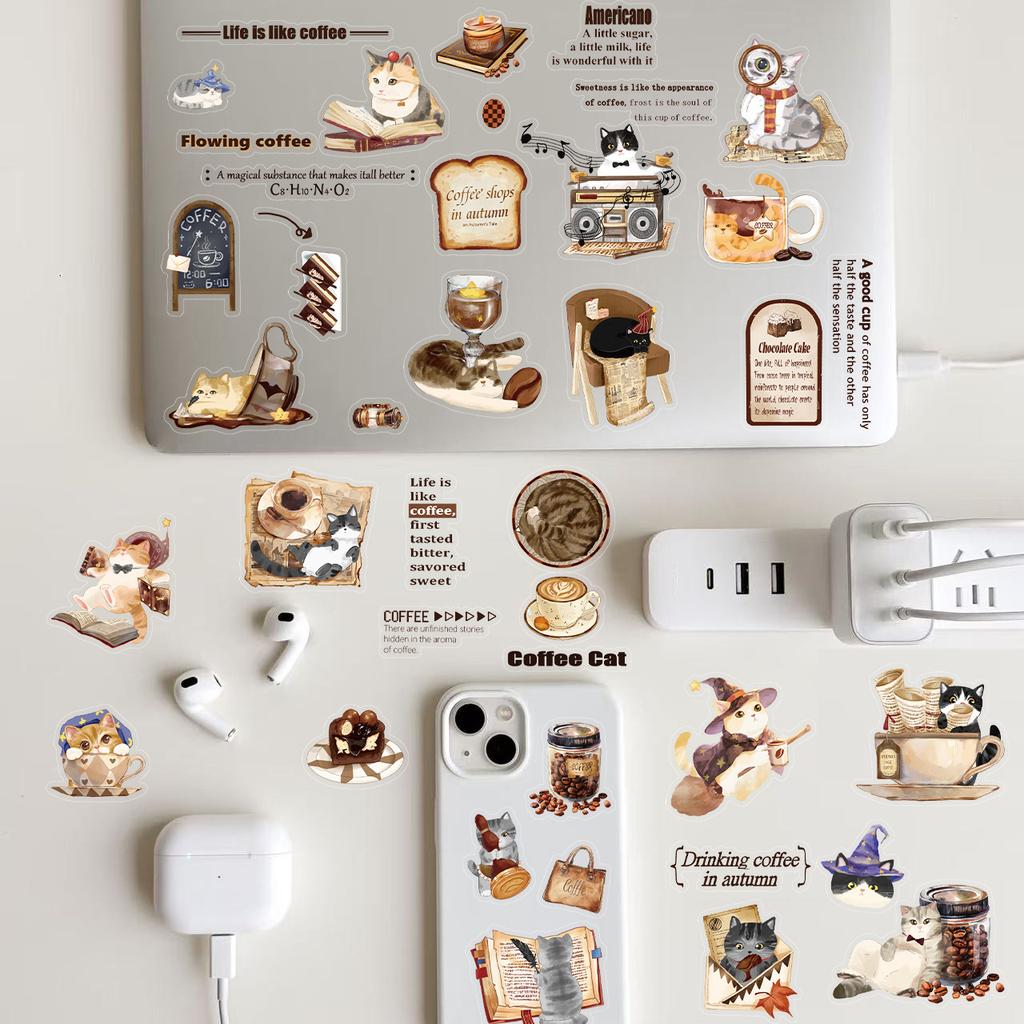 6 Transparent Ins Coffee Cat Language Sticker Pack Waterproof Transparent PET Hand Account Decorative Guitar Notebook