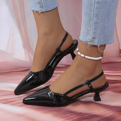 2024 Neue Mode Einfarbig Sommer Französische Spitze Lackleder Mittelabsatz Over-the-top Sandalen für Damen Retro Stilettoabsätze