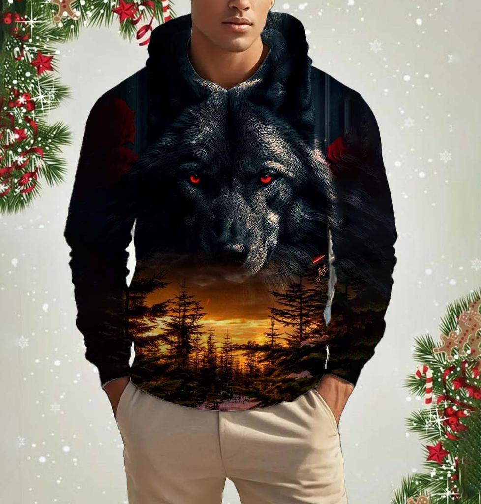 Men's Hooded Fashion Animal Wolf 3D Print Hoodies Top New Autumn Fashion Casual Long Sleeved Pullover Oversized Sweatshirts