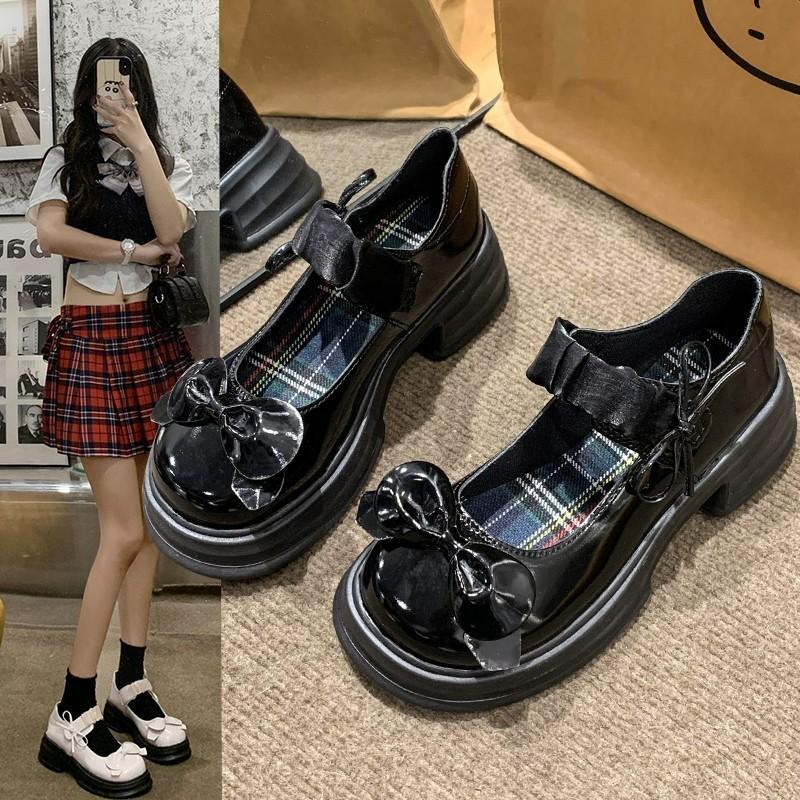 22 Uniform Thick Heel Medium Heel Light Mouth Mary Jane Shoes Bow Student Small Leather Shoes Japanese Bright Single Shoes