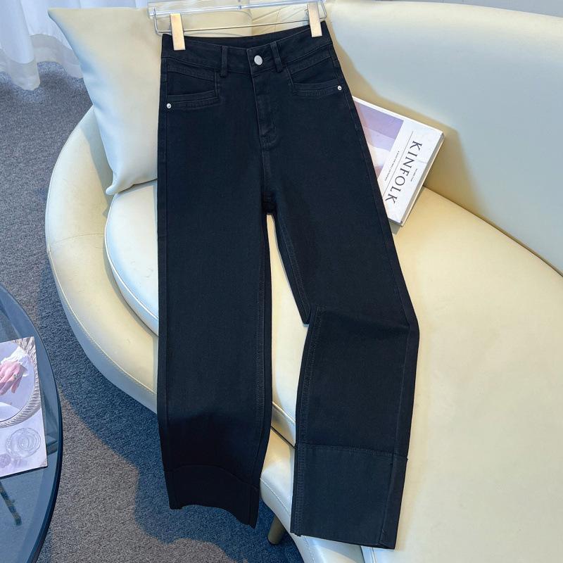 Small curled denim pipe pants women's summer new high-waisted light-colored pants nine-point straight jeans