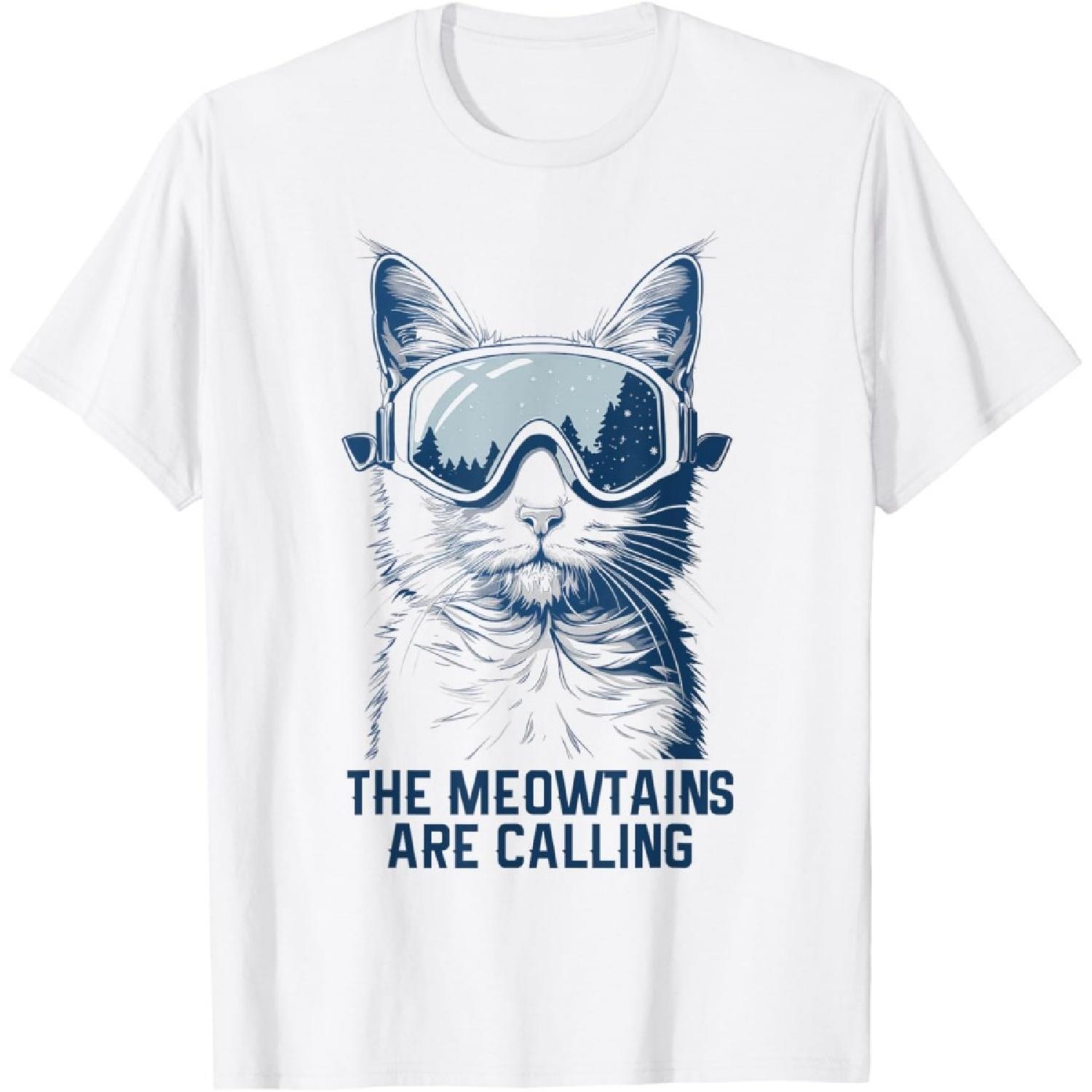 Ski Snowboard Cat Funny The Meowtains Are Calling Skiing T-Shirt for Men Women Kids XXXXXL белый