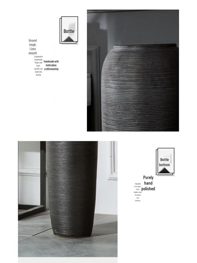 Black Zen-Style Ceramic Floor Vase for Dried Flowers - Retro Terracotta Ornament