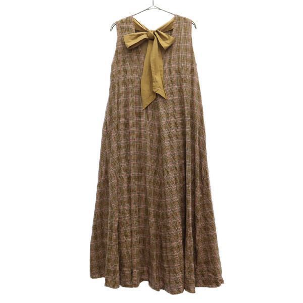 Mila Owen Linen Blend Check Pattern No Sleeve One Piece Brown Back Ribbon Women Used
