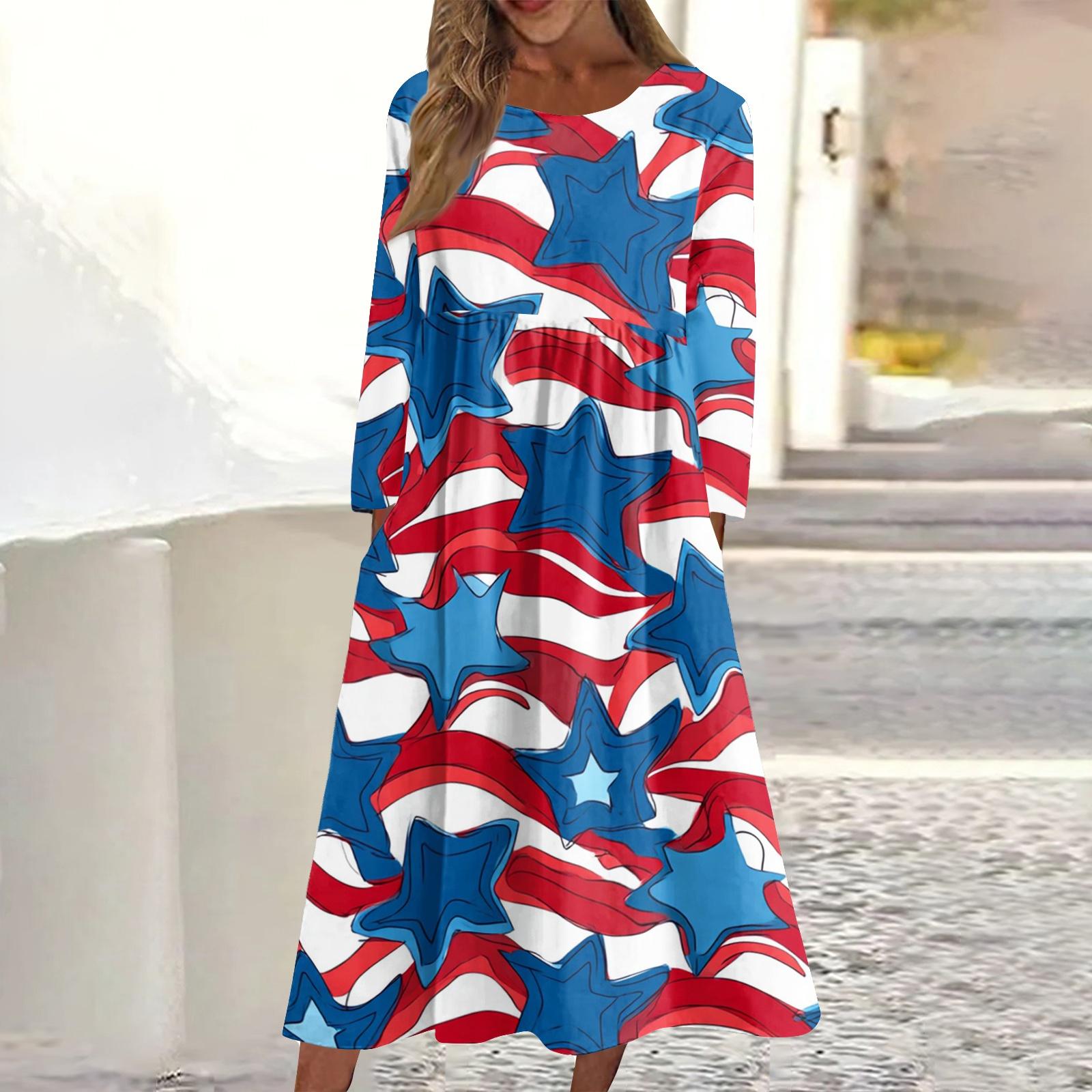 

Women s Casual Crewneck Independence Day Festival Printed Midi Dress Long Sleeve Pocket Dress S