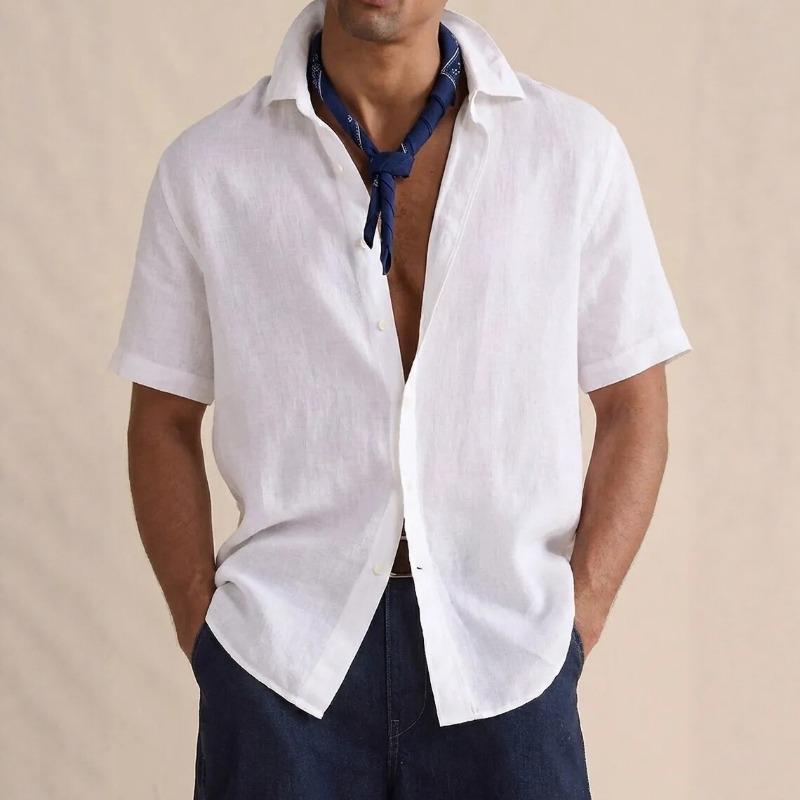 

Men Short Sleeve Linen Blend Shirt Button Down Solid Color Casual Lightweight Beach Shirt S белый