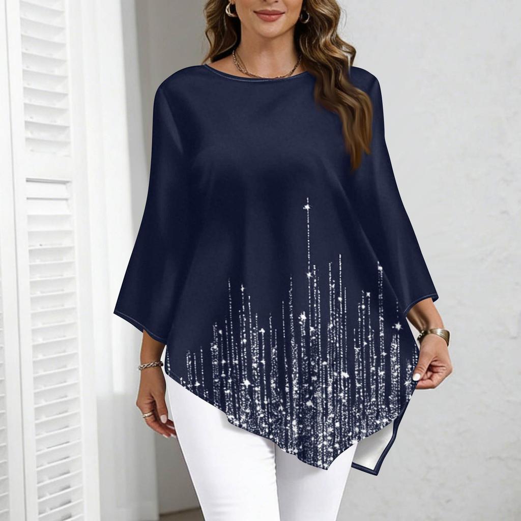 Top da Donna Taglie Forti Casual Vestibilità Larga Manica a Tre Quarti Stampa Sfumata Girocollo Orlo Asimmetrico Pullover Blusa