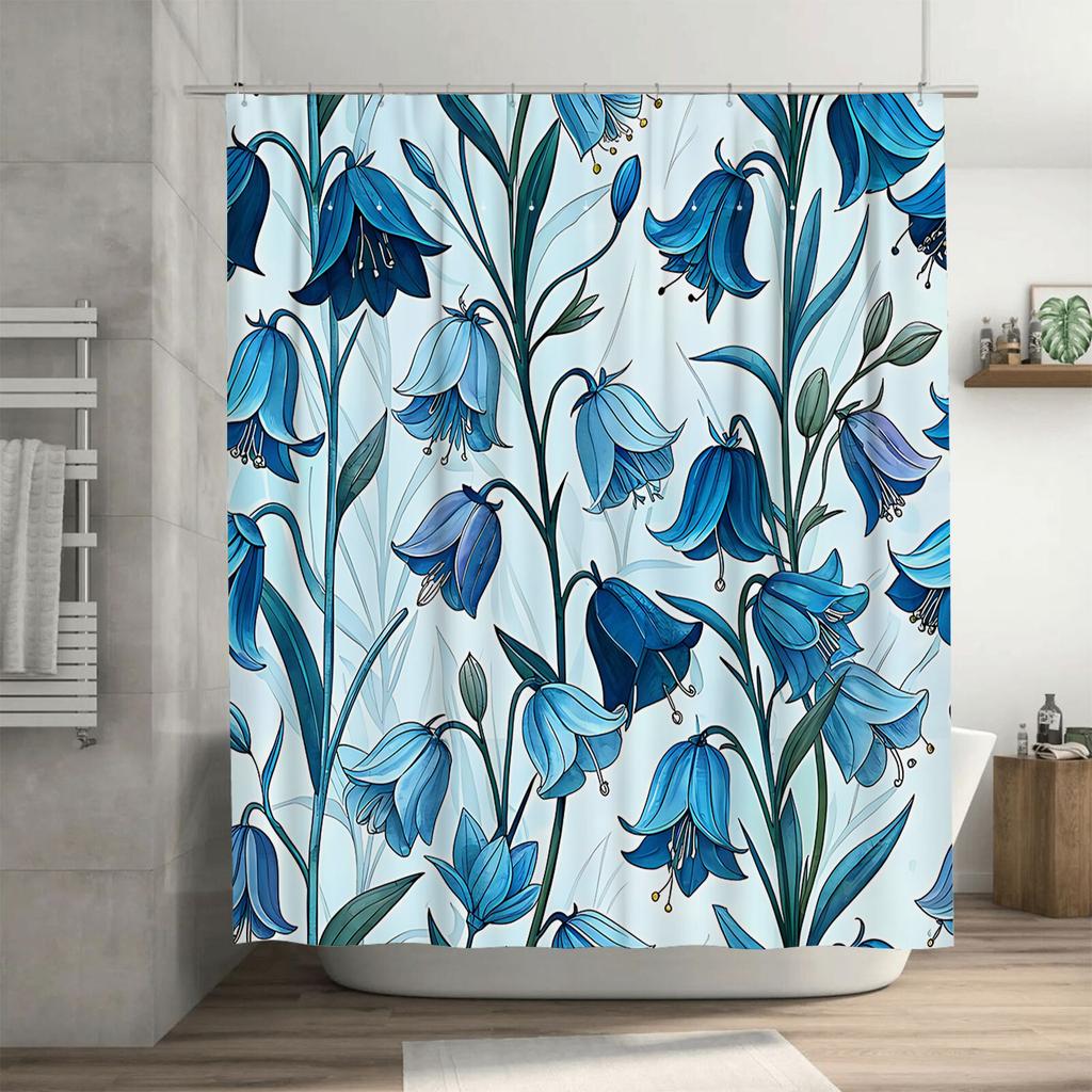 Blue Floral Shower Curtain Waterproof Heatproof Machine Washable Stylish Bath Decor Durable Easy Clean Modern Art Design