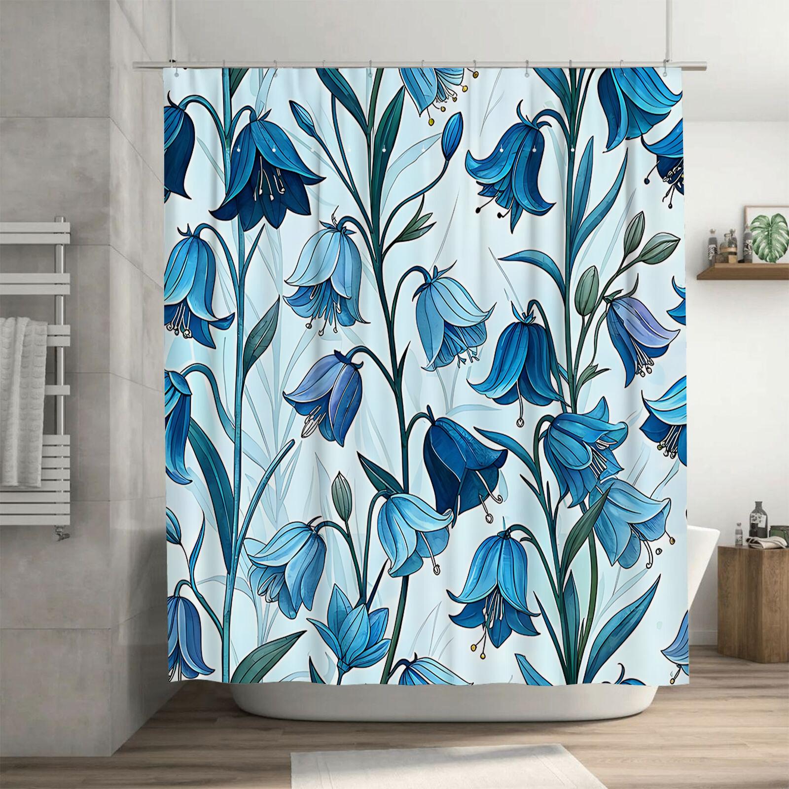 

Blue Floral Shower Curtain Waterproof Heatproof Machine Washable Stylish Bath Decor Durable Easy Clean Modern Art Design 90X180cm(35x70in)