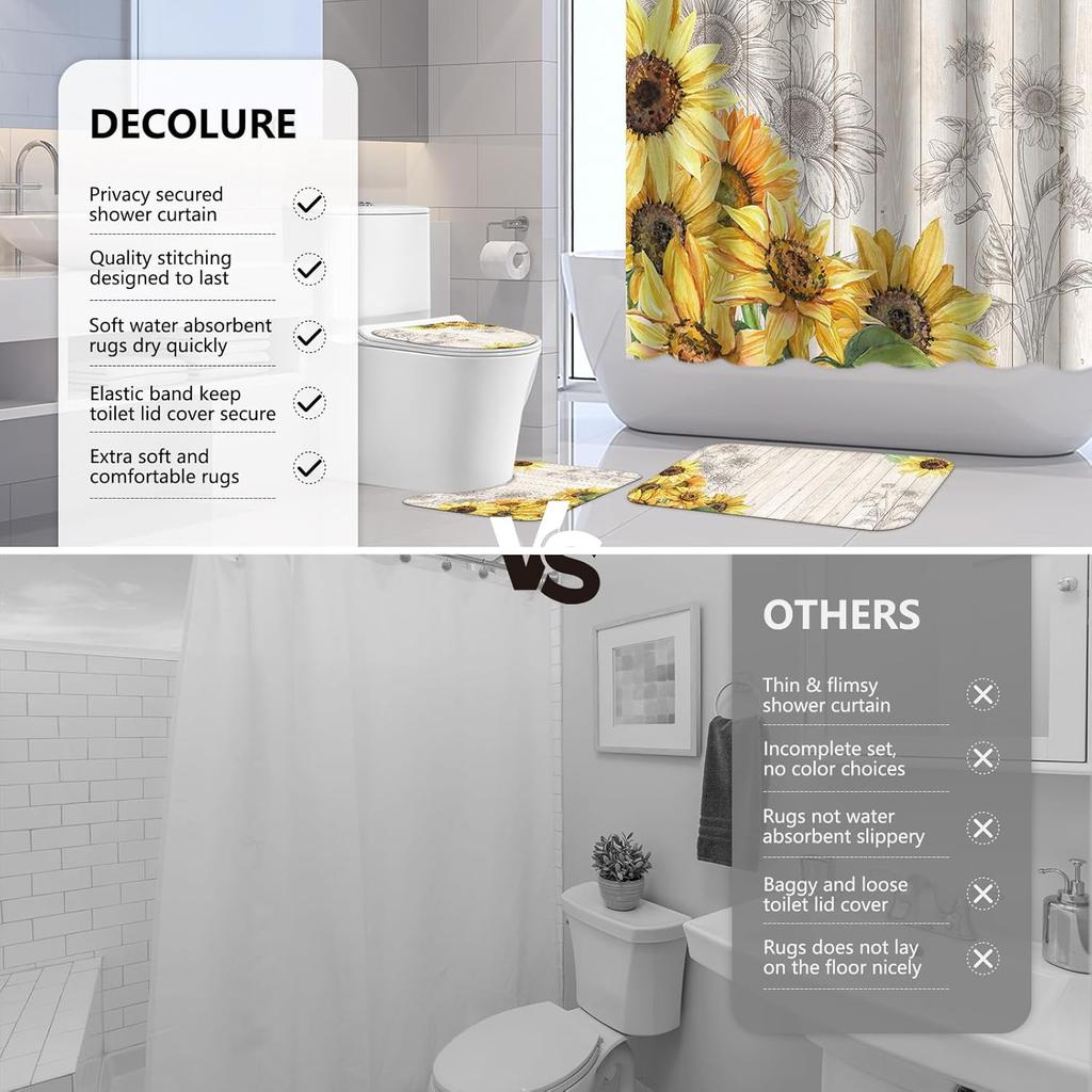 Sunflower Bathroom Sets with Shower Curtain and Rugs -Flower, 4-Piece Shower Curtain Sets with Rugs, Memory Foam Toilet Lid Cover, and Non-Slip