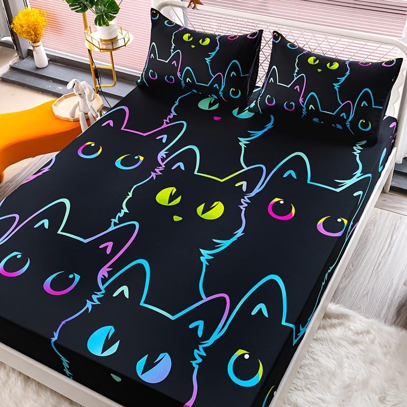 Novel Cute Cat Fitted Sheet Set Dustproof Non-slip All Season Mattress Protector Soft Breathable Bedding Set With Deep Pocket