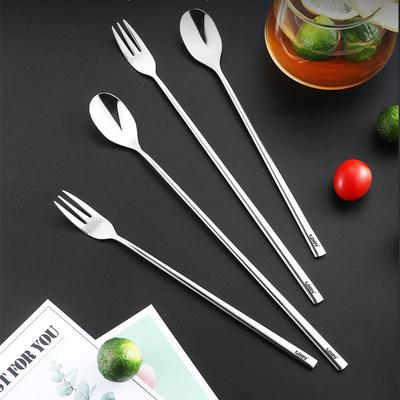 304 Stainless Steel Tea Spoon Long Handle Cocktail Coffee Ice Cream Stirring Scoop Dessert Fork Kitchen Tableware Bar Tools
