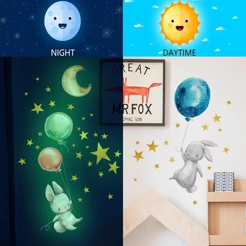 Nightglow Rabbit Sticker Rabbit Balloon Star Children's Wall Sticker Baby Girls' Bedroom Room Home Decoration Wallpaper 2024
