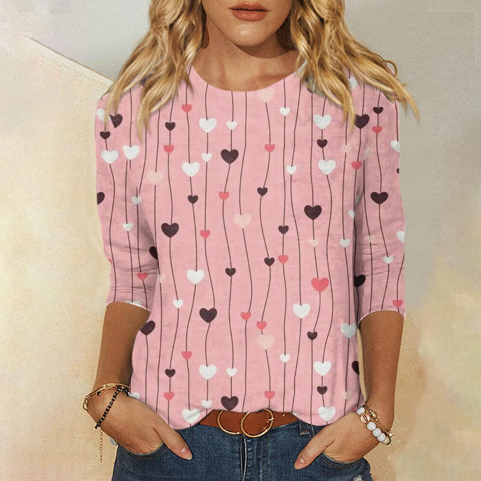 

Женская мода, повседневная свободная футболка с принтом на День святого Валентина и круглым вырезом, рукав 3/4, женский топ S розовый