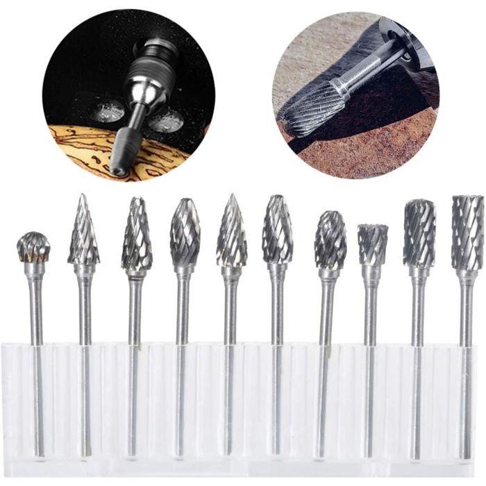 Fraises rotatives - AIMOONSA - Lot 10 - Carbure de tungstène - Compatible Dremel et outils rotatifs - Mallette incl.