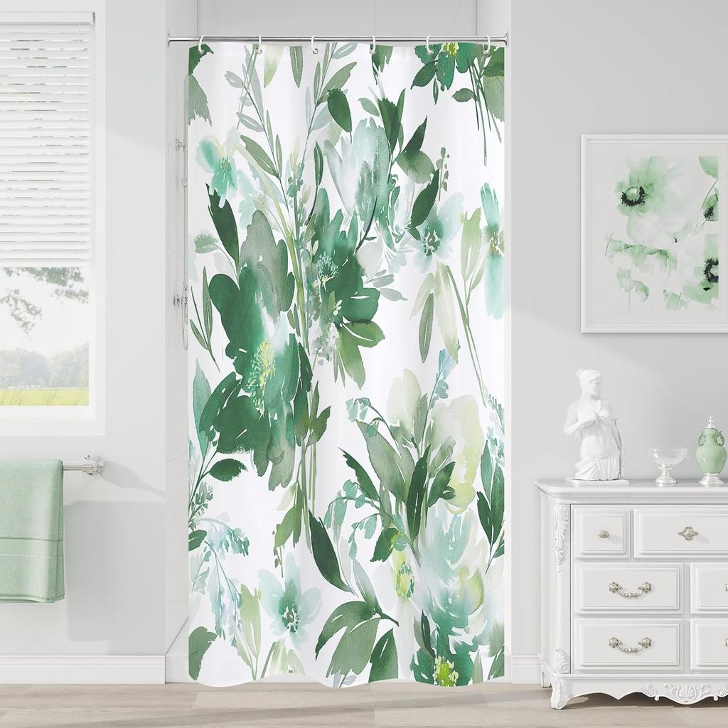 Blue Watercolor Floral Shower Curtain, Botanical Plant Leaves Design, Waterproof Fabric Set With Hooks