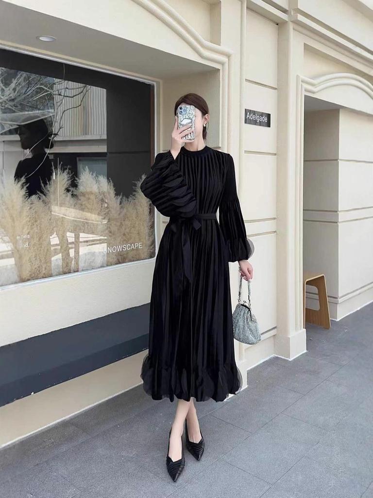 Miyake Pleated Plus Size Velvet Dress - Elegant Loose Long European & American Style.