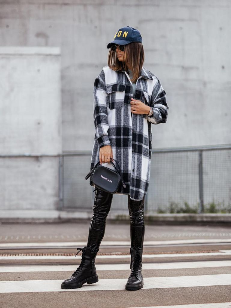European and American Style Women's Mid-Length Plaid Woolen Coat