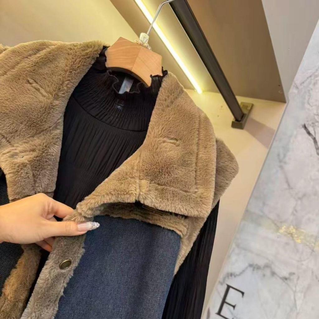 Przytulna Szykowna Kamizelka Patchworkowa Jeansowa z Podszewką z Polarowego Materiału Duży Rozmiar Modelująca Sylwetkę