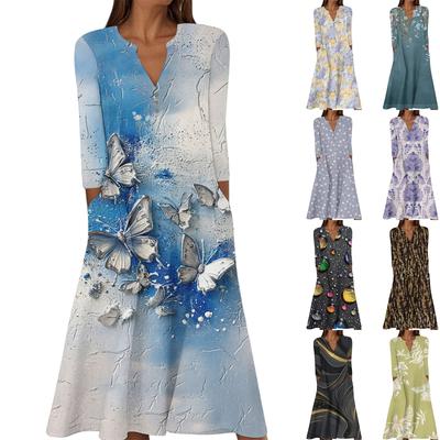 Women's Summer Casual V-Neck Button Vintage Floral Print Three-quarter Sleeve Long Dress With Pockets