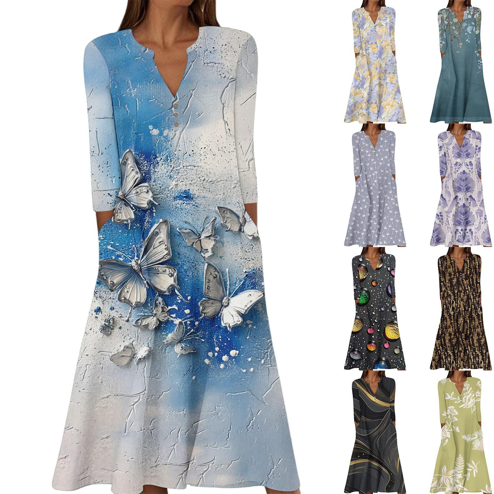 

Women s Summer Casual V-Neck Button Vintage Floral Print Three-quarter Sleeve Long Dress With Pockets L коричневий
