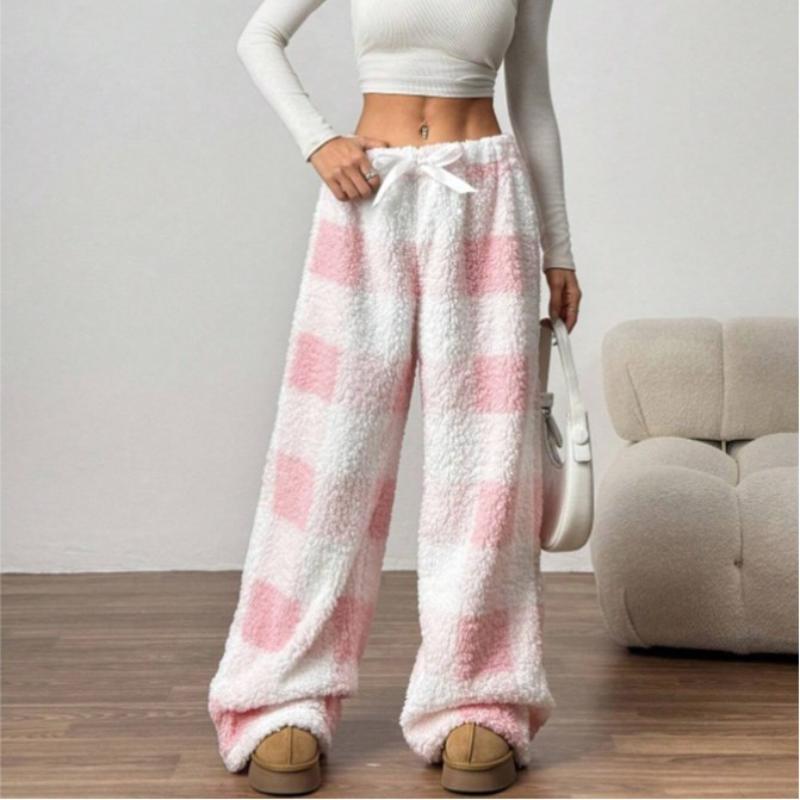 

Winter Loose Casual Plaid Pants Fleece Lined Thick Warm Trousers S білий