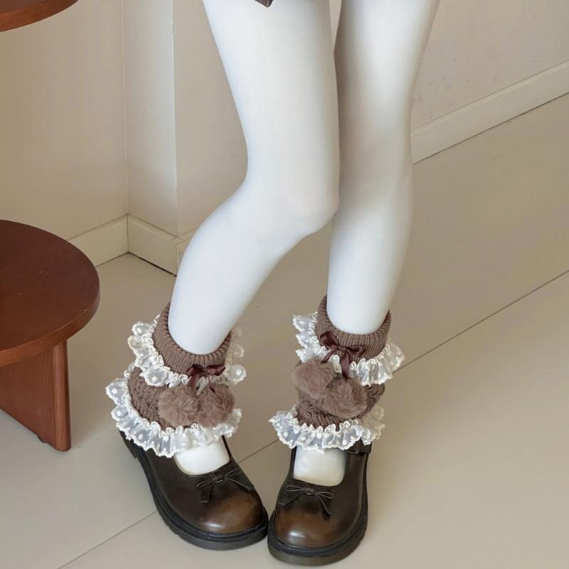 Fashionable Plush Balls Bows Adorned Leg Warmers with Lace Detail for Women's Hollowout Knitted Short Leg Covers Sleeves